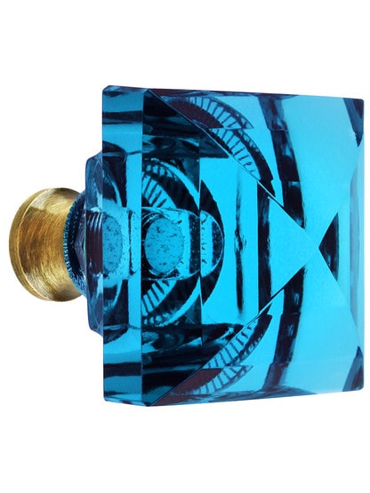 Aqua Square Crystal Knob with Solid Brass Base in Antique Brass.